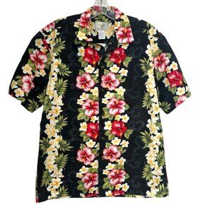 Ho Aloha Vintage Hawaiian Cotton Floral Shirt Tropical Button Up Black Red Top M